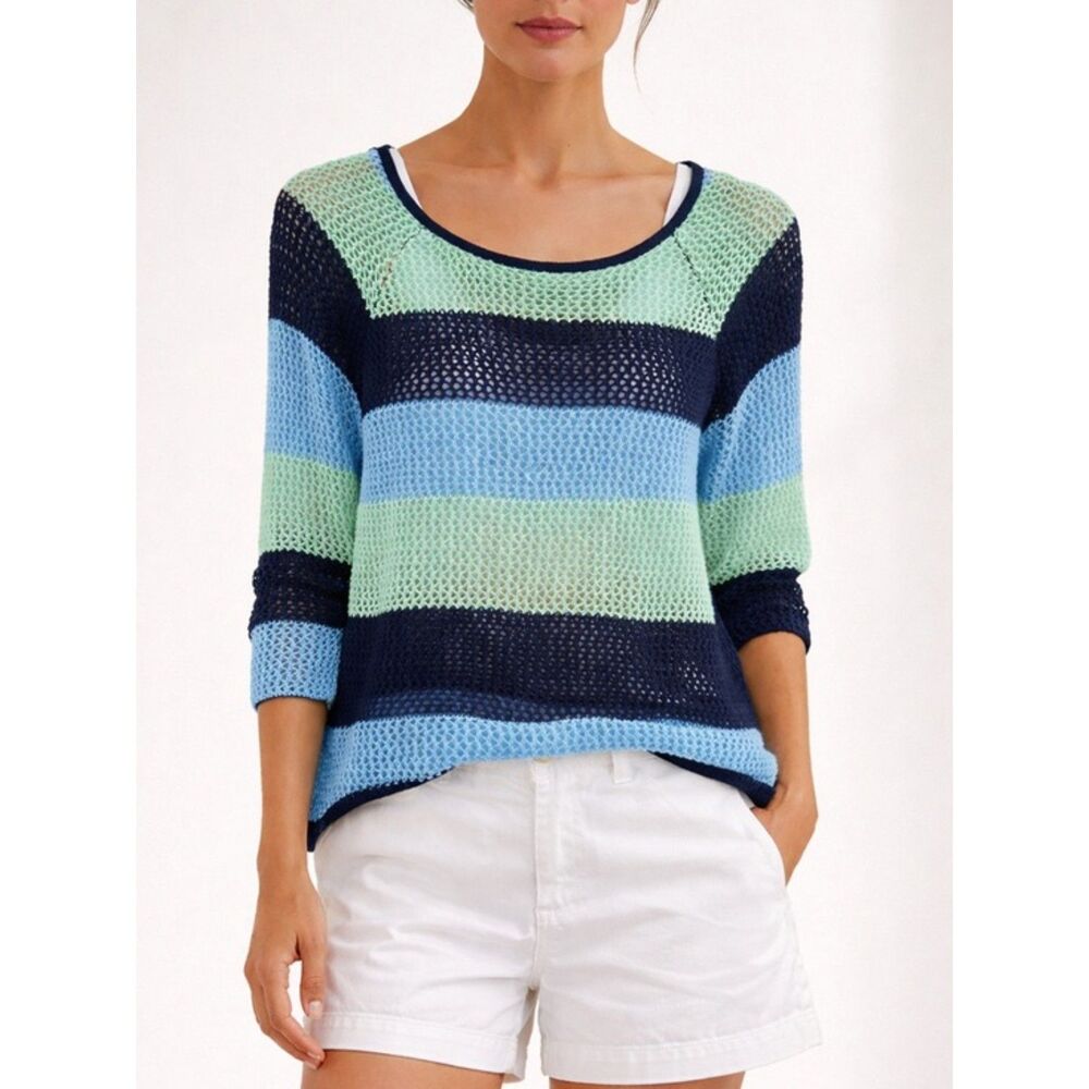 525 America Chunky Open Knit Striped Y2K Beach Pullover Sweater Blue Size XL